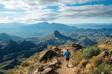 Fototapeta premium A trail runner in a blue jacket jogs along a winding desert mountain trail with expansive views of rugged terrain, symbolizing resilience, adventure, and connection to nature.