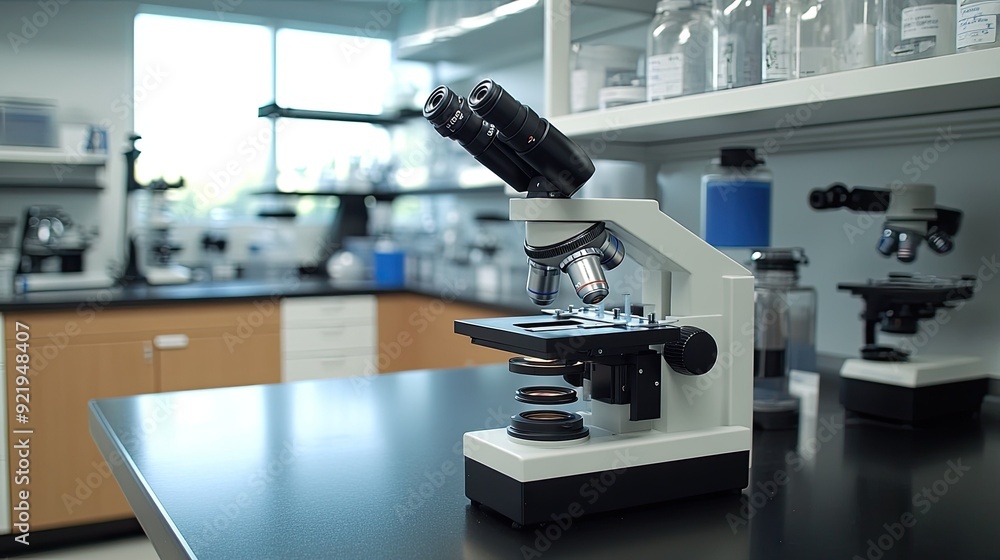 Poster a high-powered microscope is set up in a sleek laboratory, a key instrument for scientific explorati