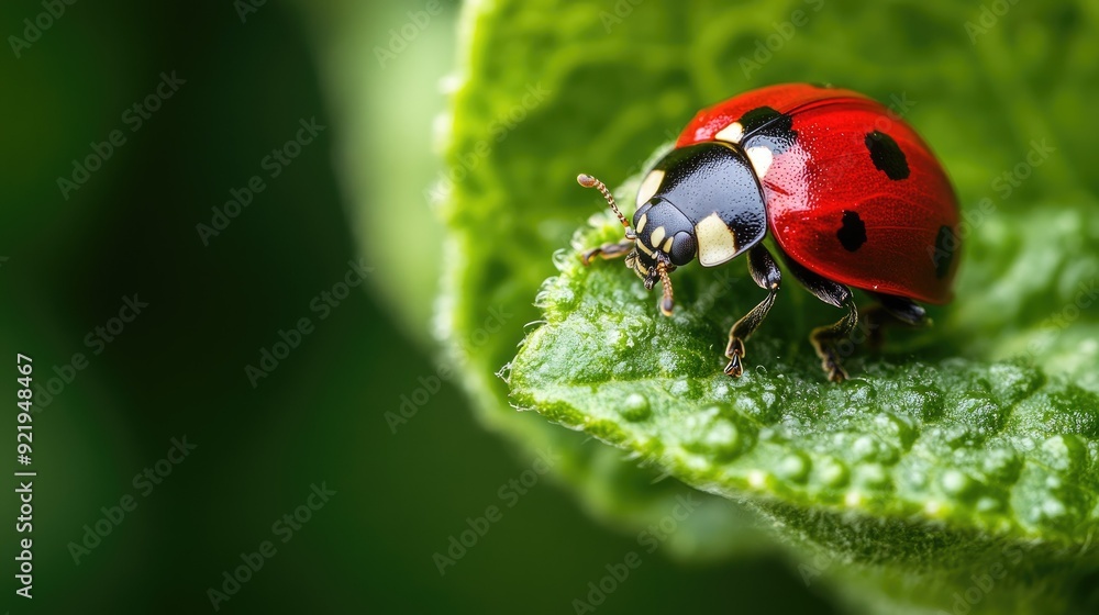 Poster a macro shot captures a ladybug sitting on a green leaf, the details of its red shell and tiny legs 