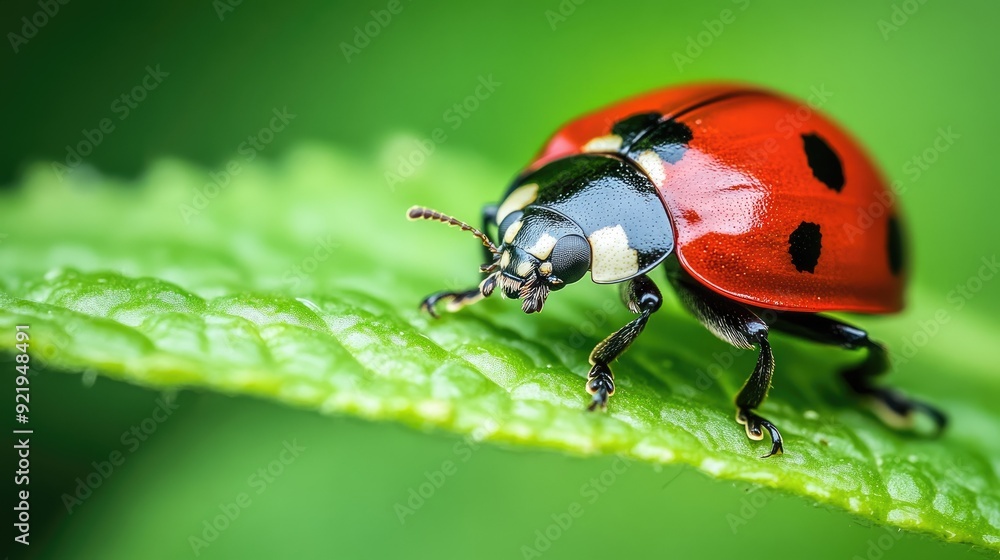 Poster a macro shot captures a ladybug sitting on a green leaf, the details of its red shell and tiny legs 