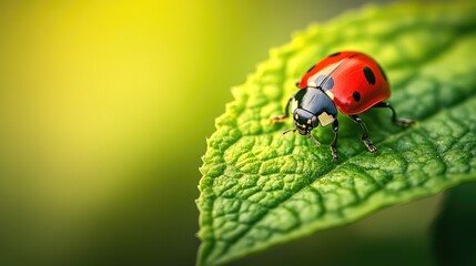 Fototapeta premium A macro shot of a ladybug on a green leaf reveals intricate details, the vibrant red and green hues creating a striking visual.