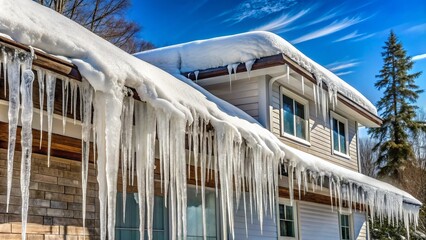 Icycles hanging from roof edge, water pooling on floor, and ceiling damage visible after winter storm caused ice dam to form and leak indoors.