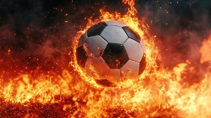 Fototapeta premium A soccer ball bursts through intense flames, creating a dramatic and powerful visual against a dark background.