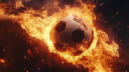 Fototapeta premium A soccer ball bursts through intense flames, creating a dramatic and powerful visual against a dark background.