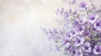 A soft pastel backdrop enhances the elegance of purple flowers and leaves, creating a serene and delicate arrangement.