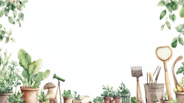 A beautiful watercolor illustration of gardening tools and plants, evoking a sense of tranquility and connection to nature.