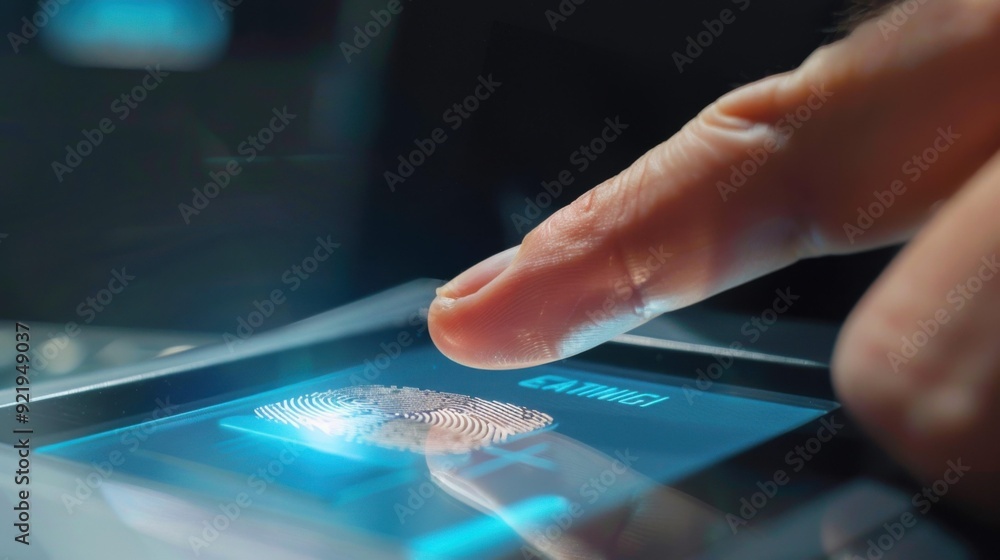 Poster a close-up of a finger touching a fingerprint scanner, showcasing technology and security. the subje
