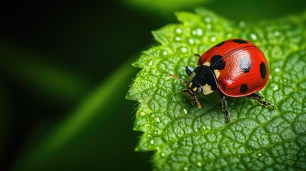 Fototapeta premium A vibrant red ladybug rests on a bright green leaf, the simple yet striking image capturing the beauty of nature.