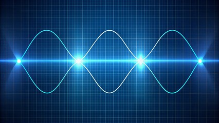 Fototapeta premium Illuminated mathematical graph showcasing a smooth, continuous sine curve oscillating between positive and negative values on a dark blue background with subtle gridlines.