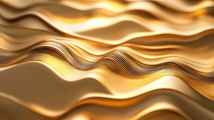 Obraz premium Abstract 3D golden background with elegant, shimmering wave patterns undulating smoothly, reflecting soft light.