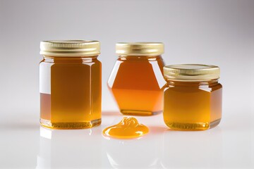 Three golden honey jars with hexagonal patterns, on a white background. Good for culinary, health, and food industry