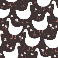 Cartoon cute little goose and flowers. Cartoon nursery, folk, or Scandinavian style seamless pattern. Vector illustration.