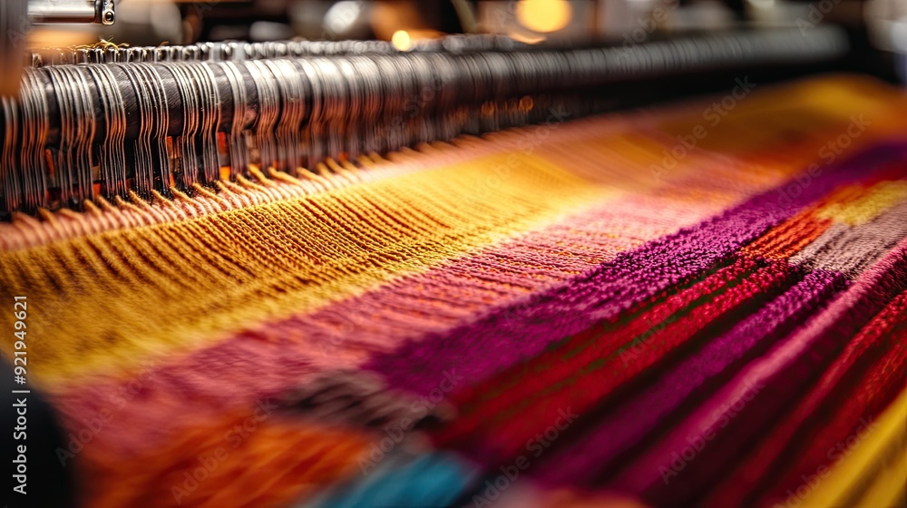 Poster close-up of automated textile machines knitting fabric, showing the intricate patterns being woven w