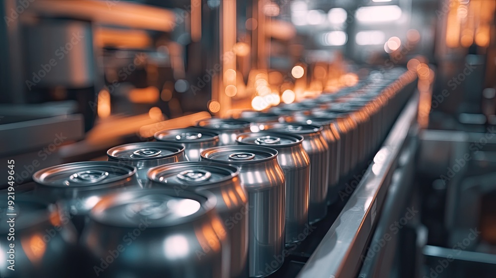 Poster close-up of cans on a production line in a factory, with gleaming machinery guiding the process smoo