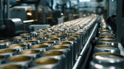 Obraz premium Close-up of cans on a production line in a factory, with gleaming machinery guiding the process smoothly.