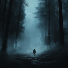 Obraz premium Man standing alone in a dark, eerie forest and mysterious sounds echoing in the distance