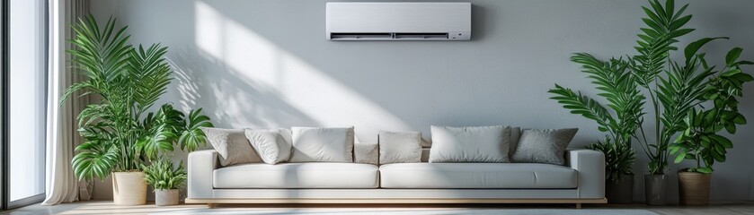 Modern Living Room with Air Conditioner and Indoor Plants in Natural Sunlight