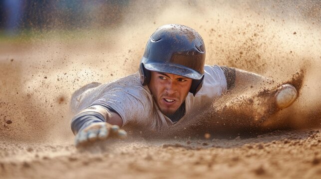 A baseball player sliding into base, showing determination and focus amidst flying dirt. The expression conveys intensity and effort.