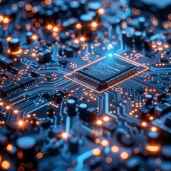 Obraz premium Closeup of a Circuit Board with a Microchip