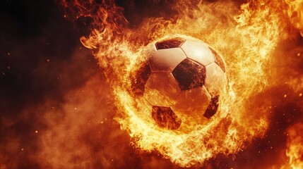 Fiery explosion as a soccer ball emerges through flames, set against a dark, contrasting backdrop.