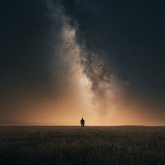 Fototapeta premium Man standing alone in a vast field under a starry night sky with the Milky Way clearly visible above
