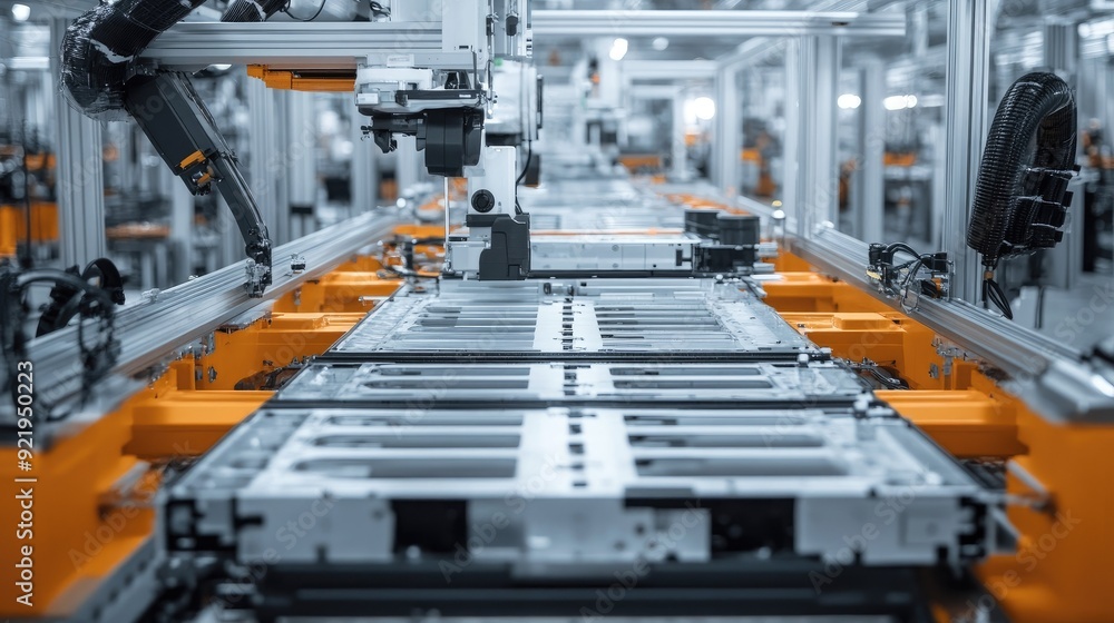 Poster high-tech assembly line for ev battery cells, close-up of the process with machinery ensuring precis