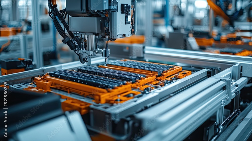 Poster high-tech assembly line for ev battery cells, close-up of the process with machinery ensuring precis