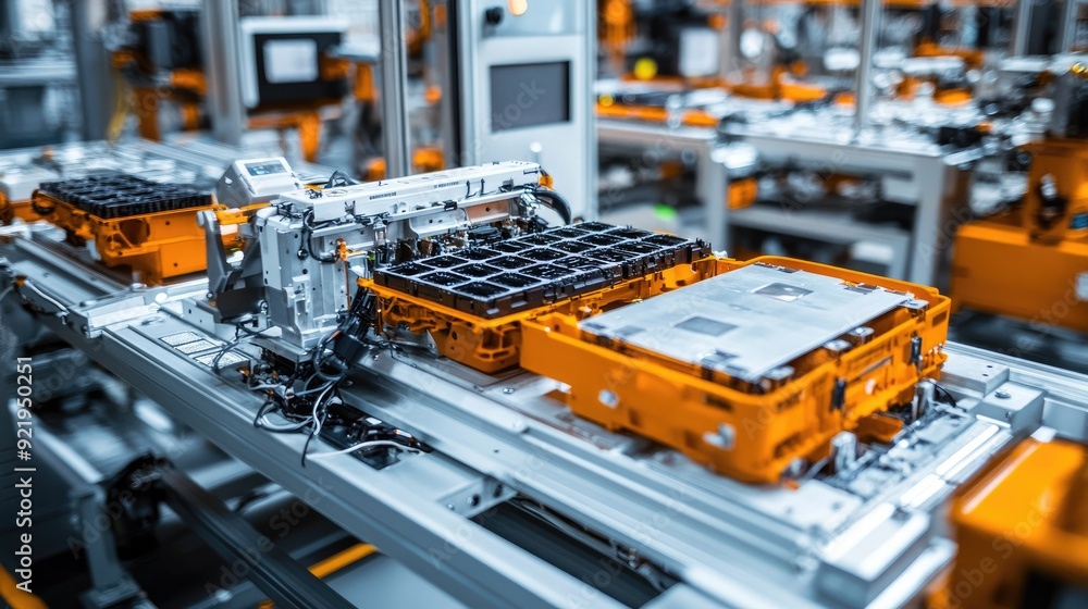 Poster high-tech assembly line for ev battery cells, close-up of the process with machinery ensuring precis