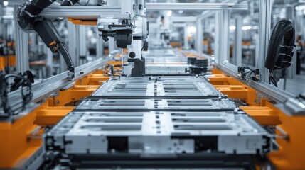 Naklejka premium High-tech assembly line for EV battery cells, close-up of the process with machinery ensuring precision and efficiency.