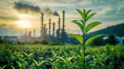 Green plant in the foreground contrasts with a sprawling oil refinery in the background,...