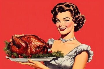Retro woman holding roasted turkey