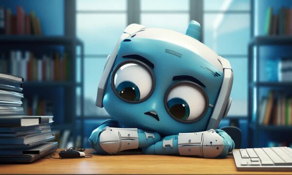 bored cute robot at work in office