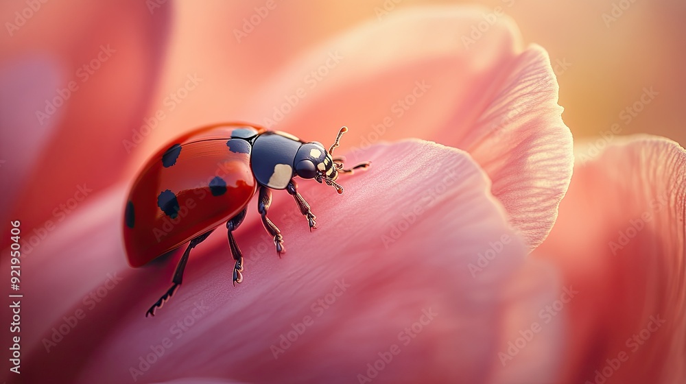 Poster in a macro image, a ladybug carefully explores a flower petal, its tiny legs and vivid red shell hig