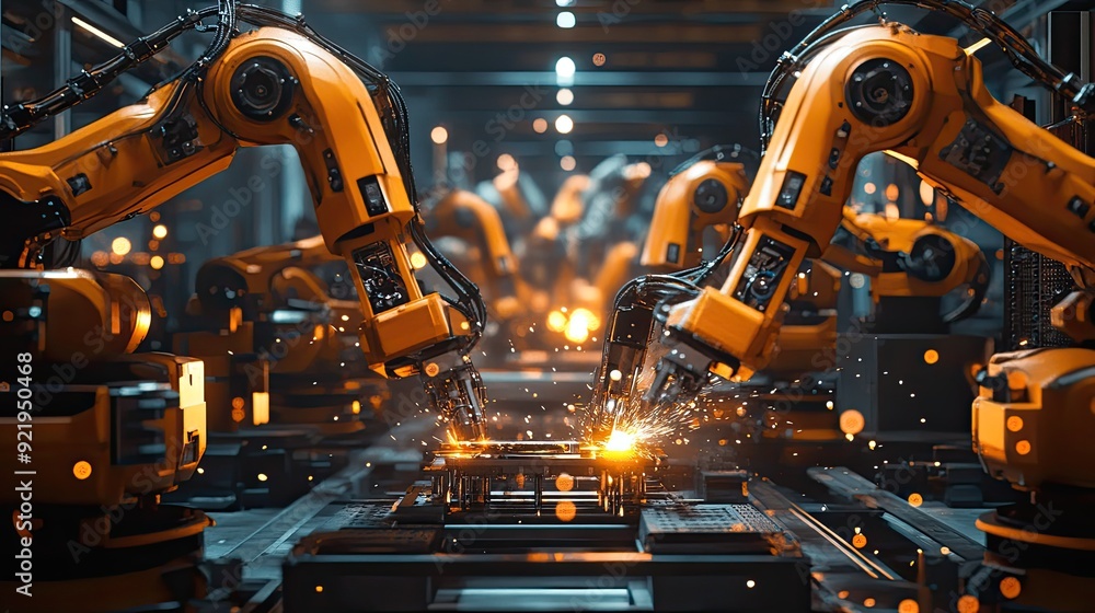 Poster industrial robotic arms work in unison, assembling components with precision, bright sparks visible 