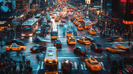 A bustling city scene filled with vibrant yellow taxis and busy streets, capturing the energy and motion of urban life. The image conveys a sense of excitement and liveliness.