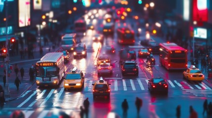 A bustling city intersection at night, filled with vibrant lights and moving vehicles, creates a lively atmosphere. The scene captures the energy and rhythm of urban life.