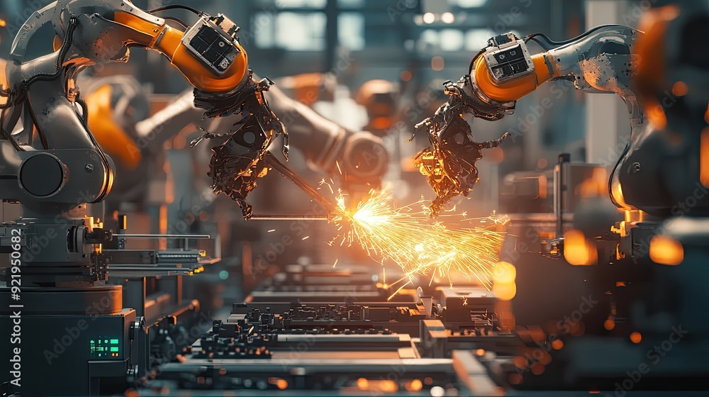 Poster multiple robotic arms precisely working on a manufacturing line, creating sparks in a high-tech indu