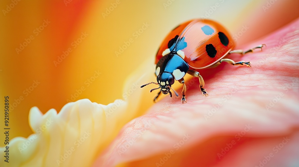 Poster the macro shot captures a ladybug as it explores a flower petal, the vibrant colors and delicate tex