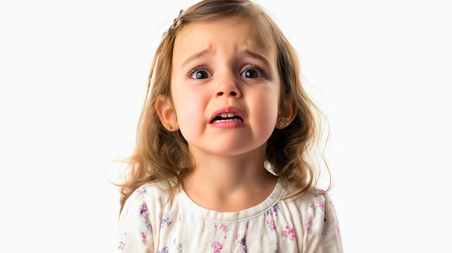 Portrait of a sad, scared Caucasian girl, a frustrated kid preparing to cry, an upset little toddler, and an unhappy child showing fear, sadness, and sorrowful emotions, isolated on a white background