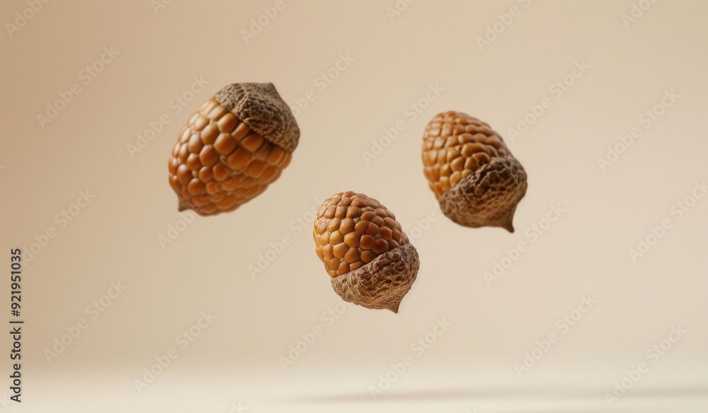 Aufkleber floating acorns with textured shells in a minimalist setting