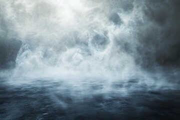Fototapeta premium Foggy atmosphere over a textured surface with mist rising and swirling in air. The eerie and mysterious ambiance is enhanced by the soft, diffused lighting and the cool, monochromatic color palette