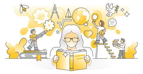Knowledge study as personal development and growth monocolor outline concept, transparent background. Smart academic learning from book literature illustration.