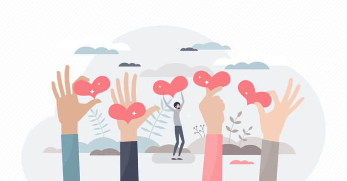 Generosity as donation support sharing tiny person concept, transparent background. Heart love as help and assistance symbol for humanity organization or social funding project illustration.