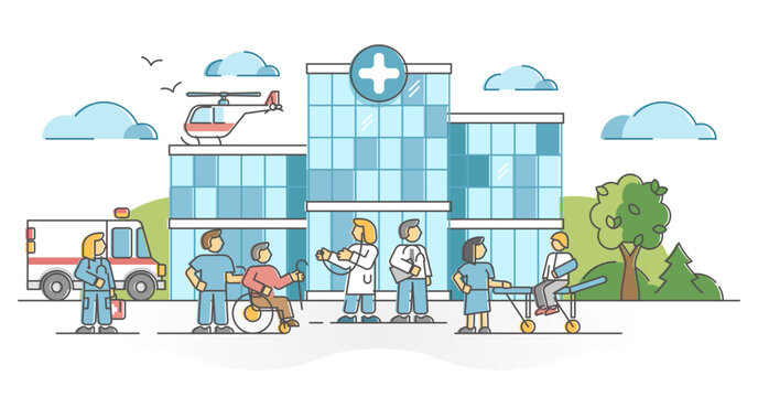 hospital scene with ambulance, helicopter, patients clip art preview