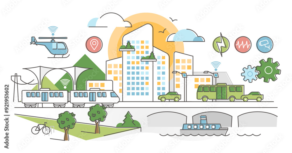 Poster smart city with ergonomic and automated sensors network scene outline concept, transparent backgroun