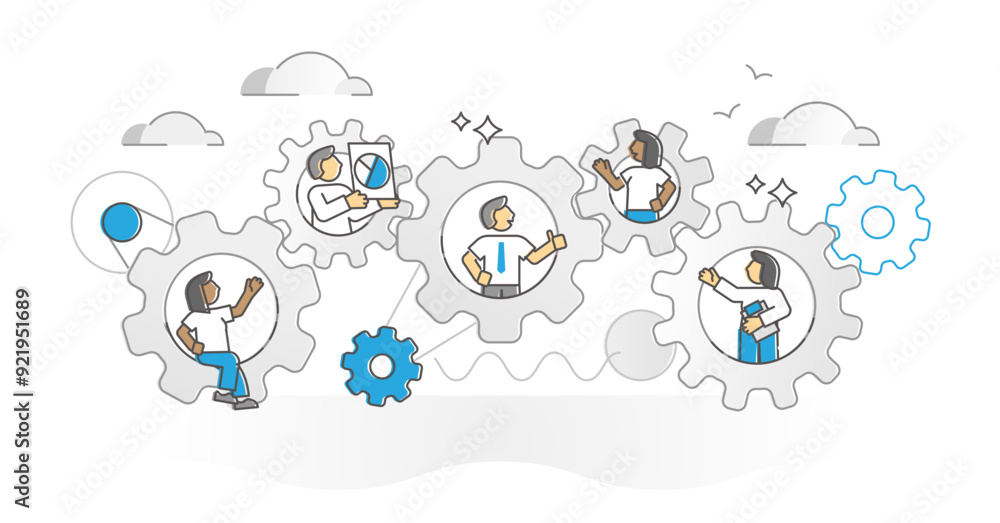 Poster workflow management as united employee mechanism monocolor outline concept, transparent background. 