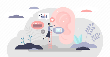 Word of mouth authentic reliable source marketing, flat tiny person illustration, transparent background. People to people information exchange.