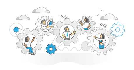 Workflow management as united employee mechanism monocolor outline concept, transparent background. Project process optimization and precise leading for each work position illustration.