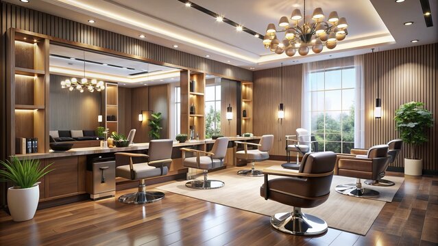 Luxurious beauty salon interior showcasing various stations offering hairstyling, manicure, and pedicure services, surrounded by modern equipment and soothing ambiance.