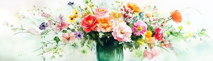 Vibrant watercolor painting of a lush floral bouquet in a green vase, featuring a mix of colorful blossoms and delicate greenery.